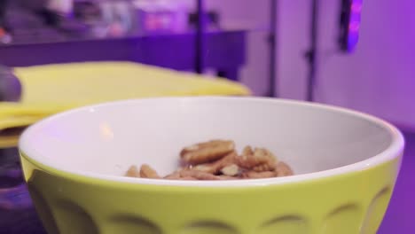 yellow ceramic bowl on a counter, close-up, warm light with a cozy indoor vibe