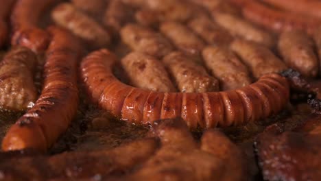 closeup shot of cooking sausages, cevapi and chuck meat in lard - slow motion