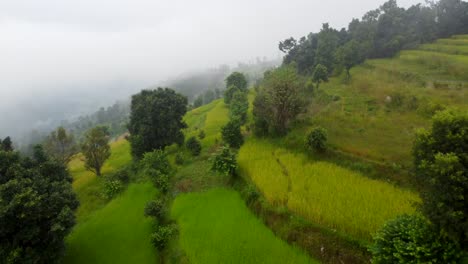 aerial flyover old houses on slope on nepal mountain with tropical agricultural field at sunset
