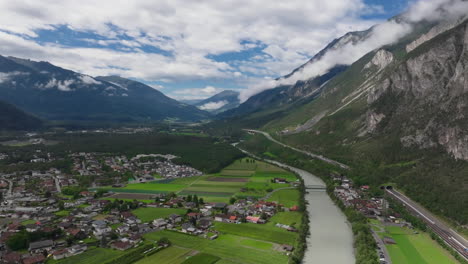 aerial view of a mountain valley in switzerland