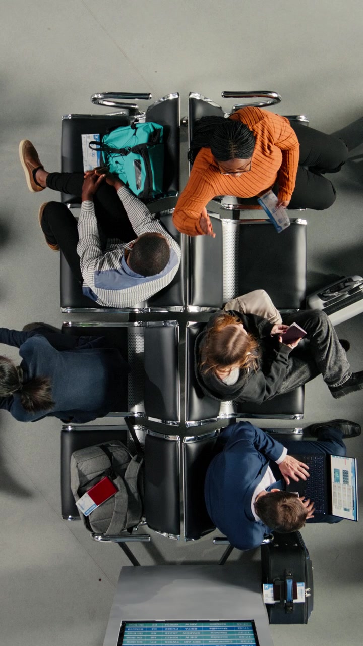 Overhead View of Passengers Sitting and Leaving Airport Waiting Area
