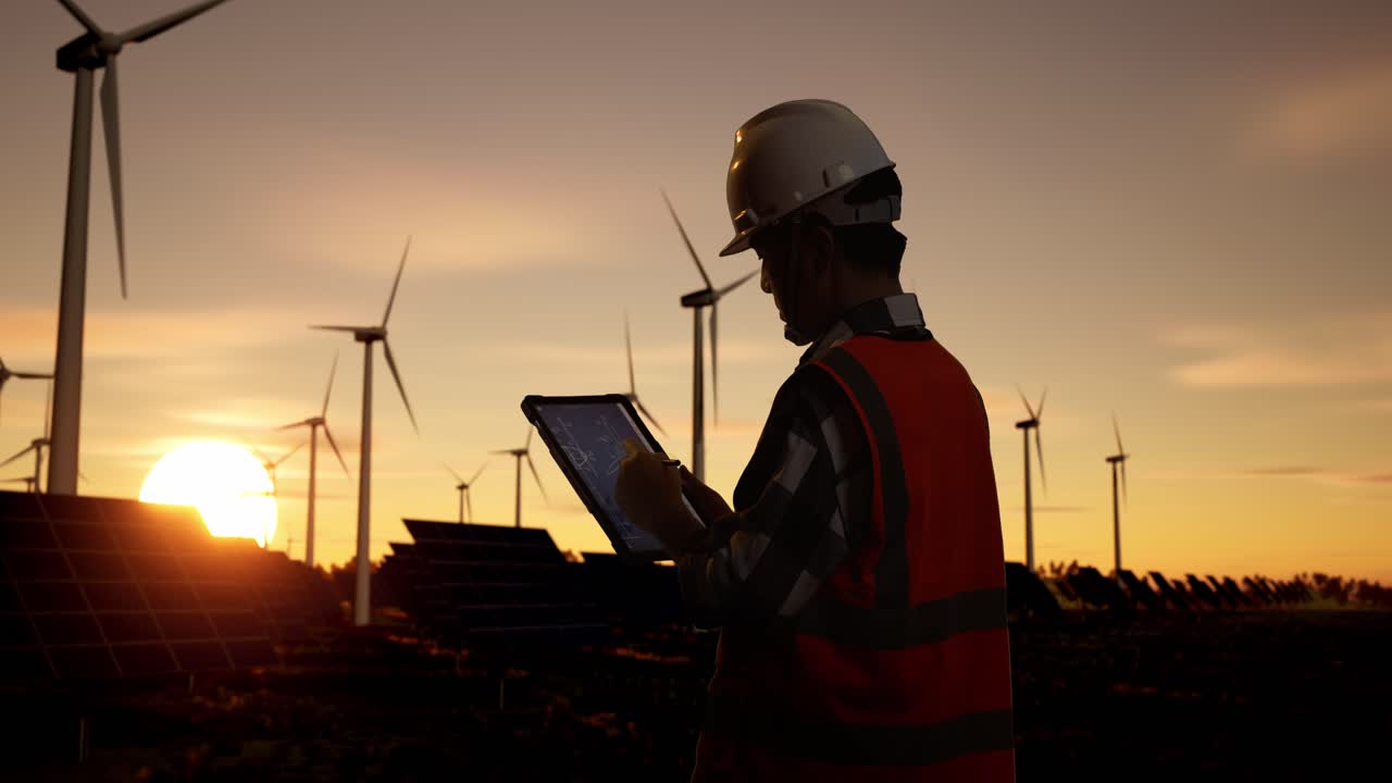 Engineer working on renewable energy project at sunset