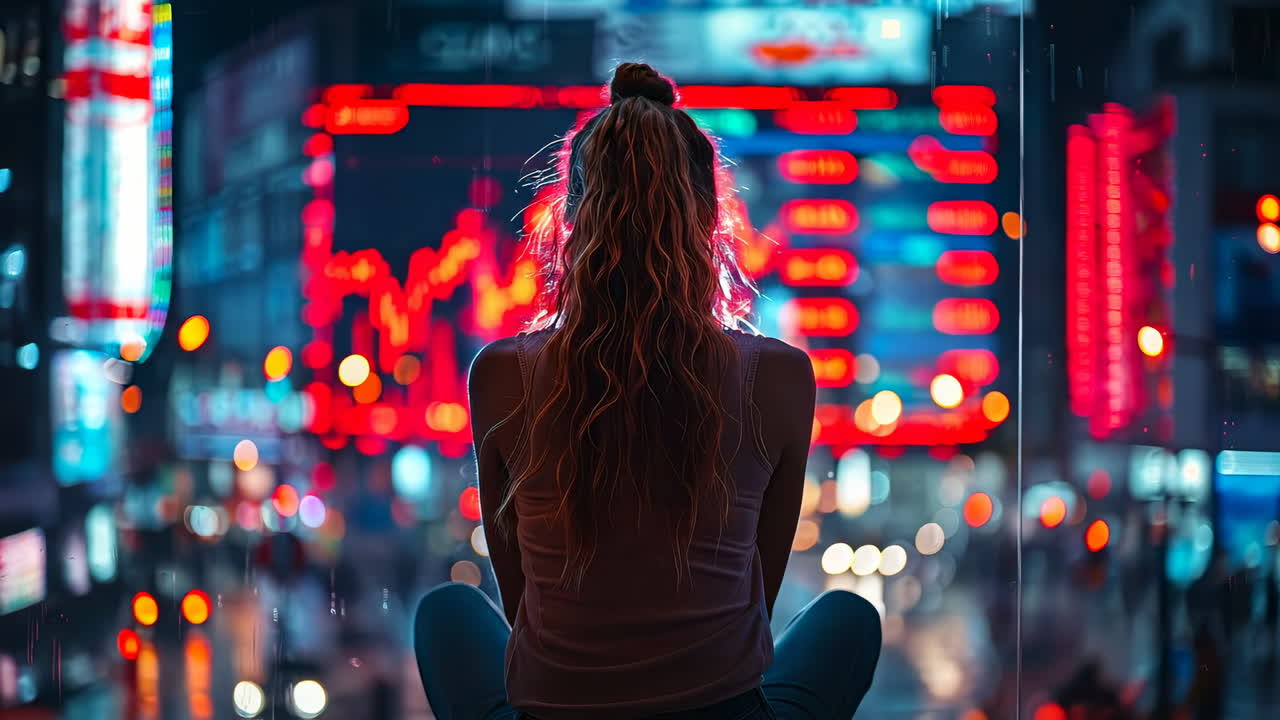 City lights create a vibrant night scene. A woman sits by a window, gazing at vibrant city lights and colorful signs during the evening in a bustling urban area