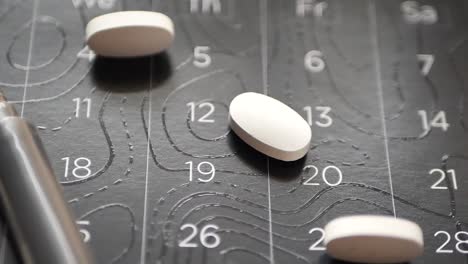 close up of medical pills on a calendar ,