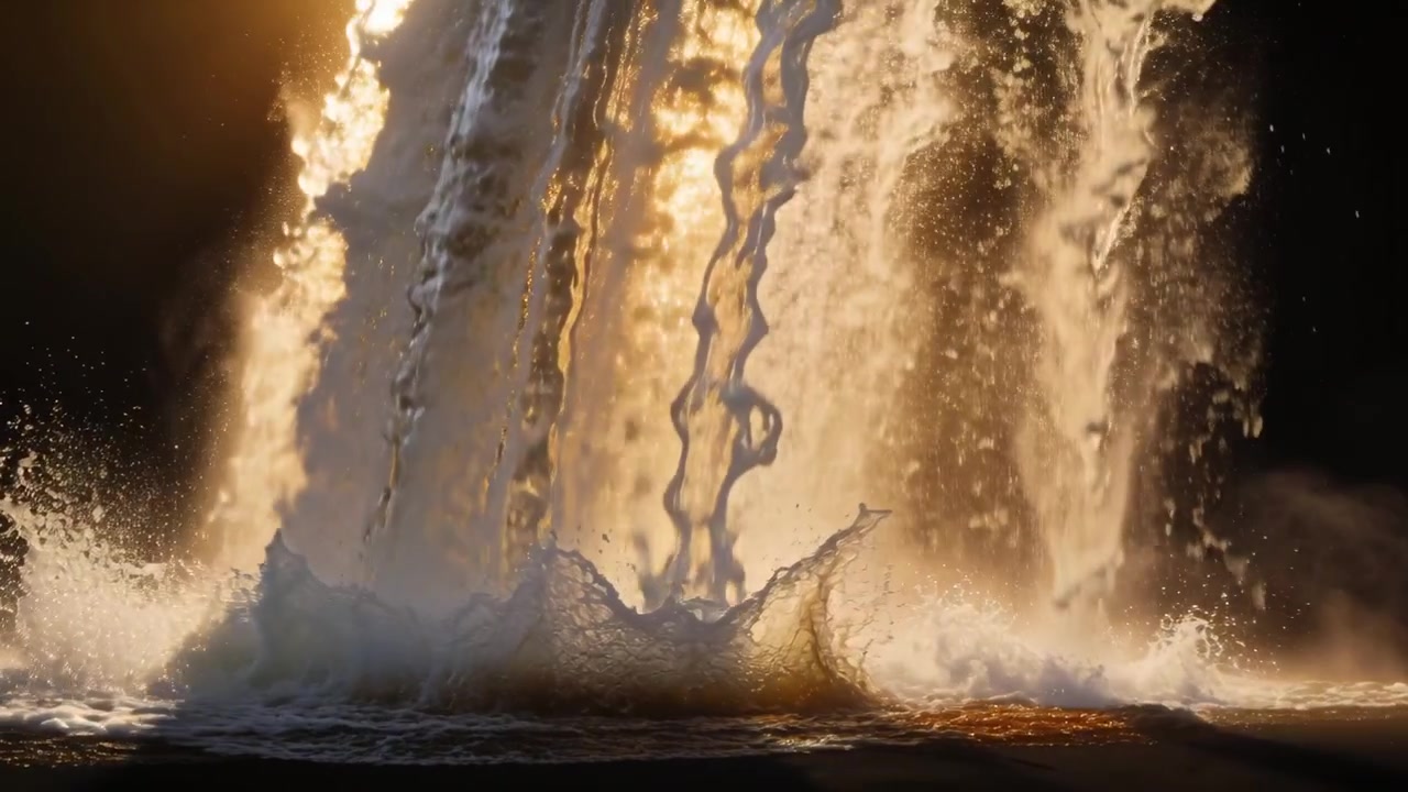 Cortina d'acqua che precipita formando un filamento centrale attorcigliato, colpendo una pozza e generando una corona di schizzi