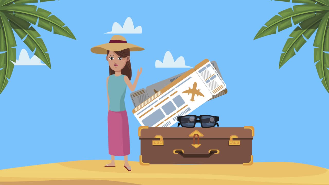 티켓과 가방을 들고 해변에 있는 여성 관광객