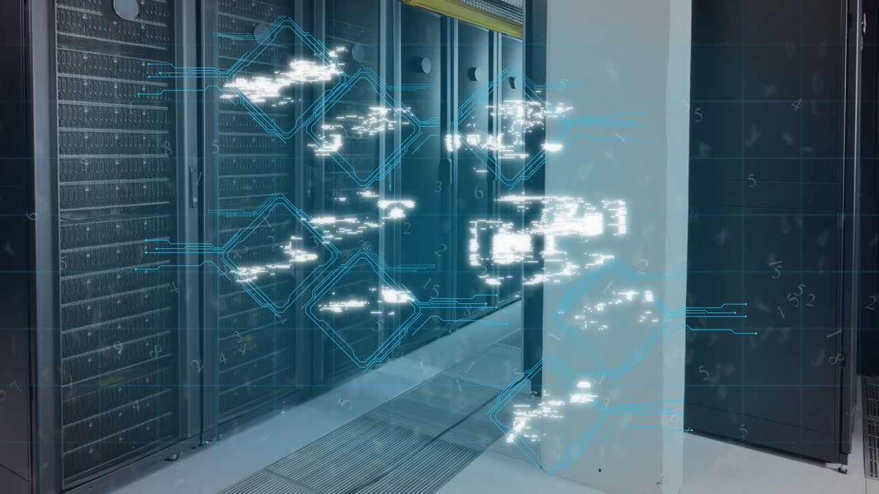 Animation of data processing and media icons over server room