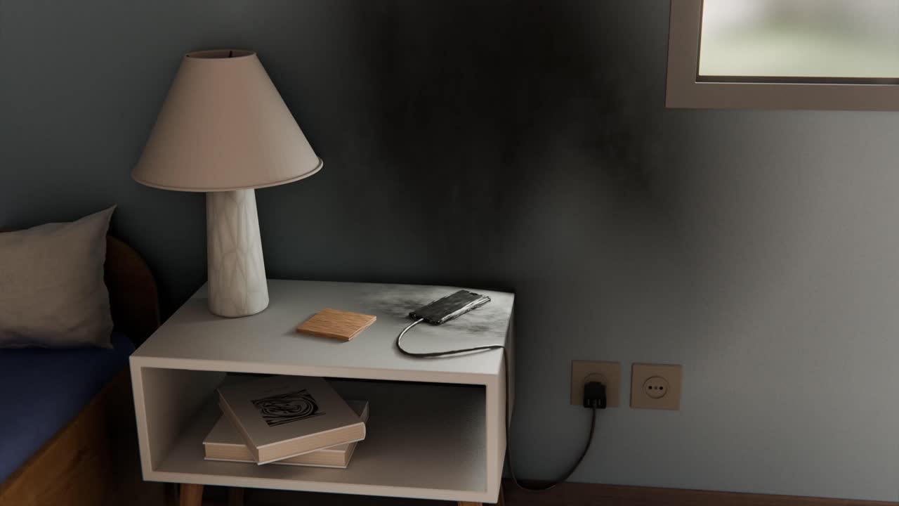 3D animation showing burn damage caused by a phone fire