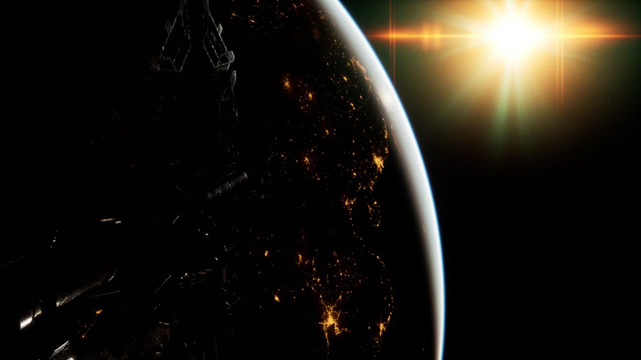 떠오르는 태양의 배경에 우주 정거장의 비행