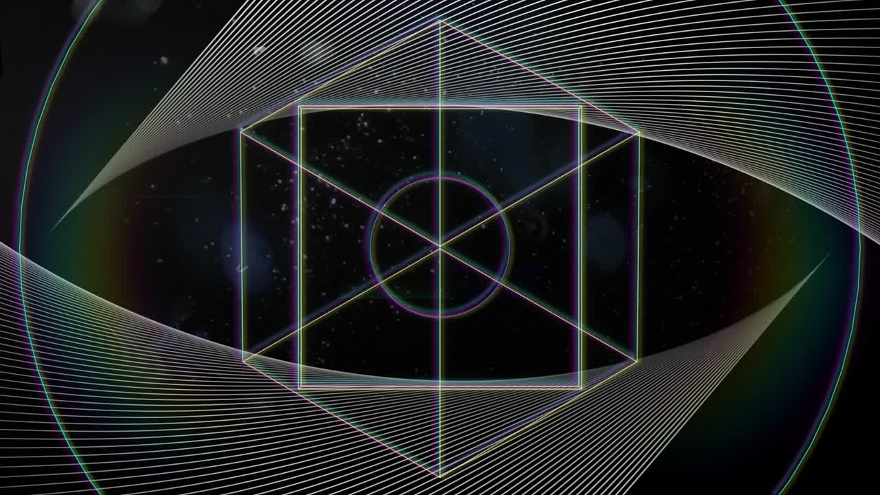 animación de formas de líneas blancas 3d giratorias, líneas paralelas y luz prismática sobre fondo negro