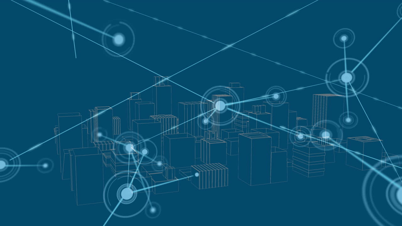 Animation of network of connections over digital city on blue background