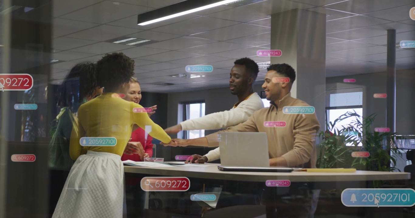 Vertical video: Leaning woman in biz casual urging team joining hands to agree at office with UI