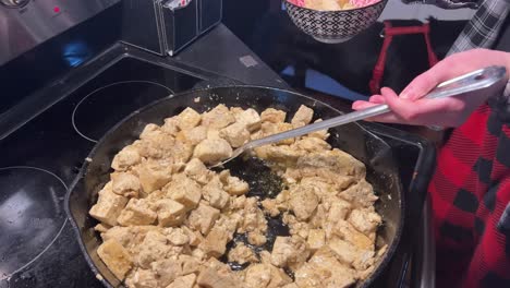 Cocinando-Cubos-Veganos-A-Base-De-Plantas-De-Tofu-Hechos-De-Soya-En-Una-Estufa-Negra-Y-Una-Sartén-De-Hierro-Fundido-Mientras-Alguien-En-Franela-Saca-Comida-En-Un-Tazón-Con-Un-Perro-Negro-En-El-Fondo---En-4k-A-Media-Velocidad-30fps