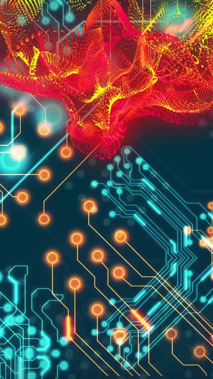 Animation of digital network of connections over circuit board on black background