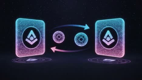 a stunning visualization of two interactive tokens with futuristic graphics, showcasing dynamic data exchange and blockchain technology concepts in a digital space