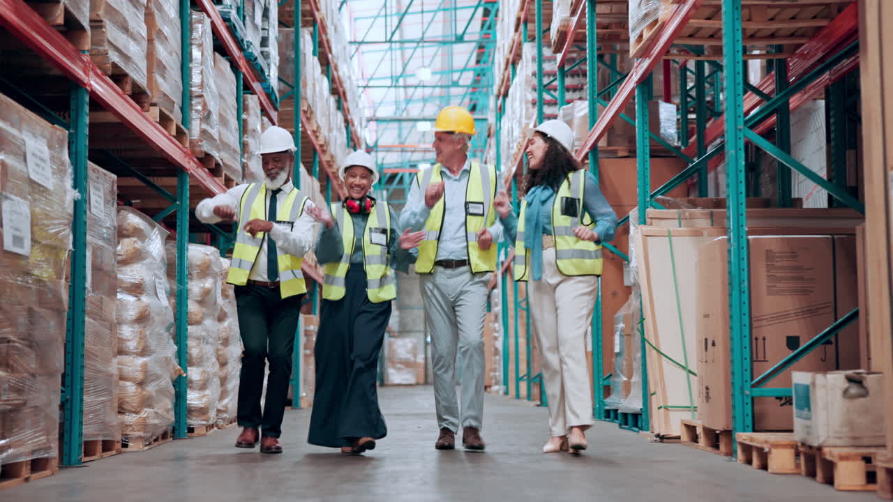 Happy Diverse Team of Warehouse Workers Dancing in an Aisle