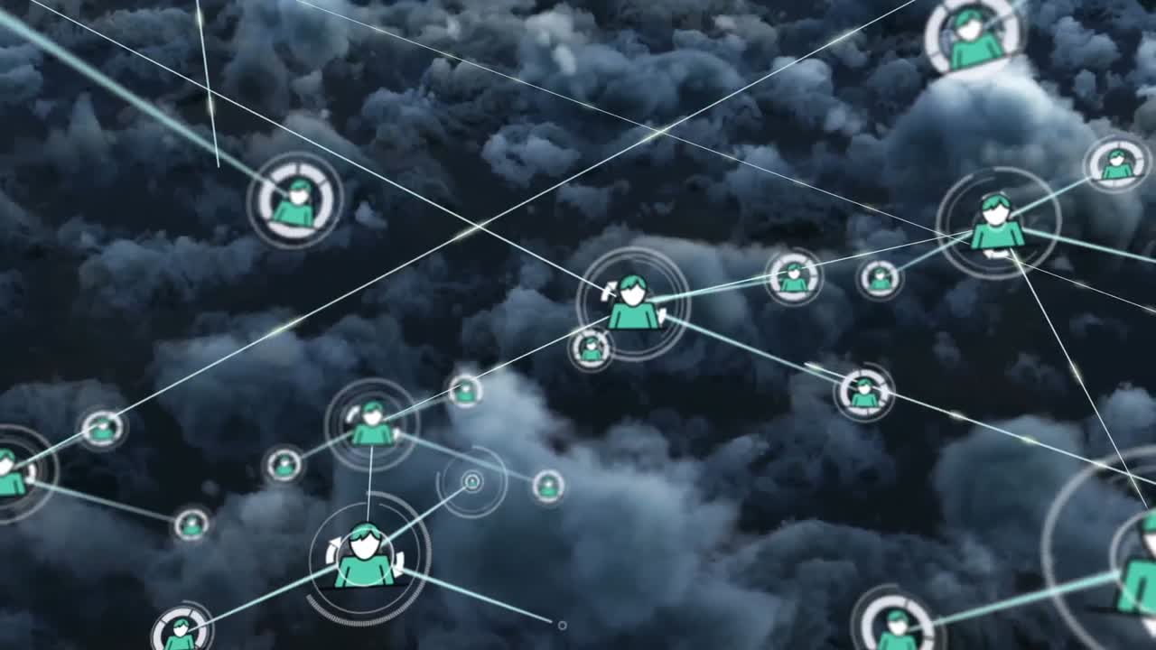 animación de la red de conexiones con iconos sobre el cielo