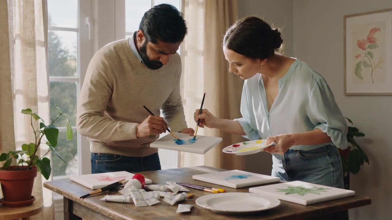 Painting couple mixing paints, brushing canvases at sunlit wooden table, beige sweater, blue blouse