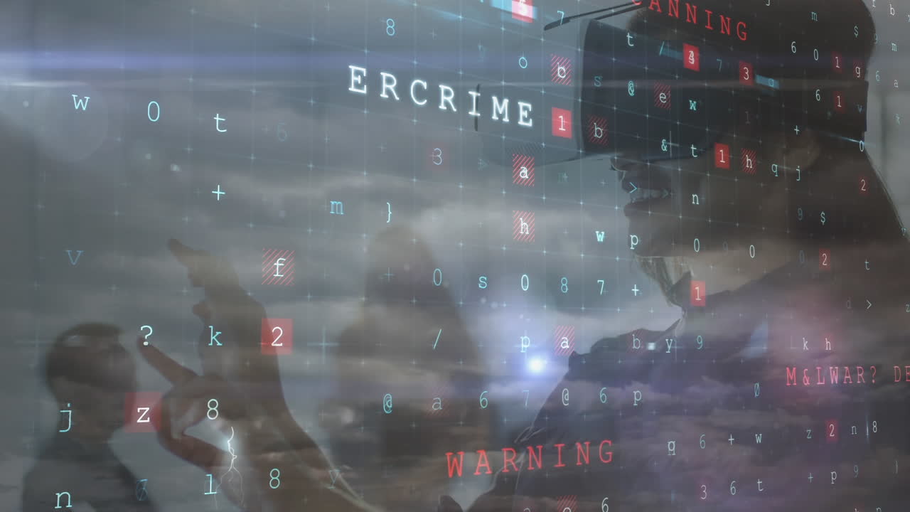 가상 현실 헤드을 사용하는 여성에 대한 온라인 보안 개념