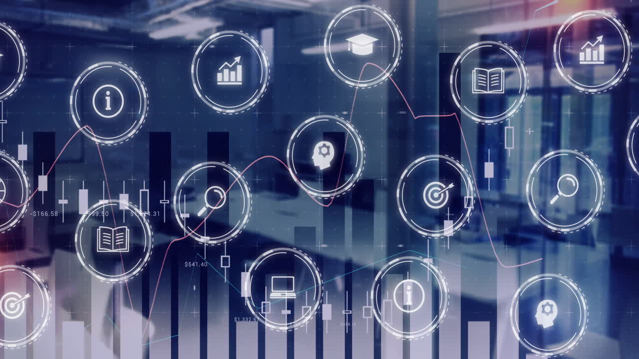 Business icons and data analytics animation over modern office background