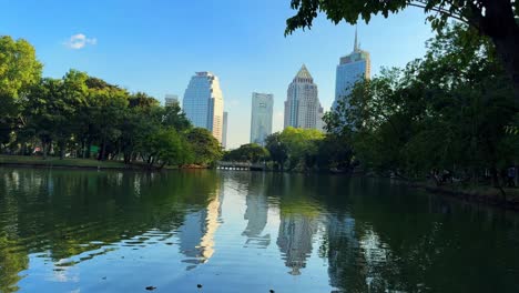 Stadtreflexion-Im-Lumpini-Park-Wassersee-Bangkok-Thailand-Grünfläche