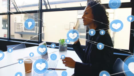 network of connections and data processing animation over businesswoman in office