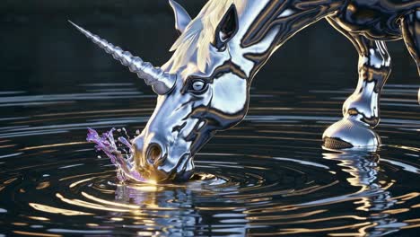 metallic unicorn drinking from a pond