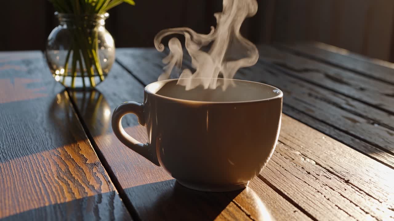 A steaming cup of coffee on a rustic wooden table, captured in a warm, low-angle video shot