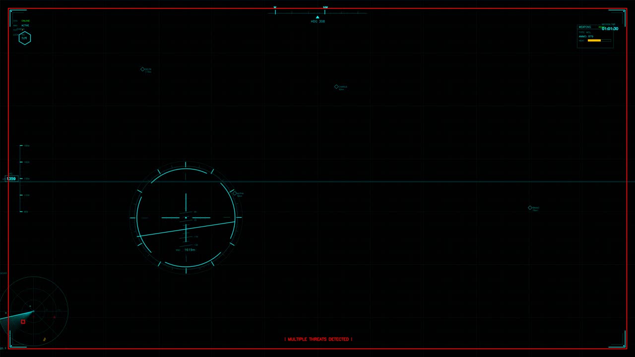 A detailed military heads up display animation shows different elements and data points. This visual is used for science fiction production in video projects and other media