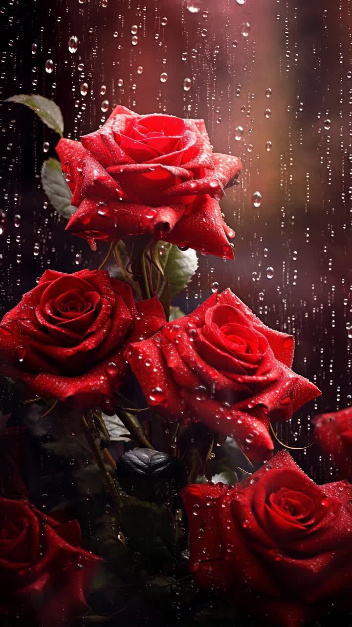 Close-up of vibrant red roses with water droplets, shot at eye level