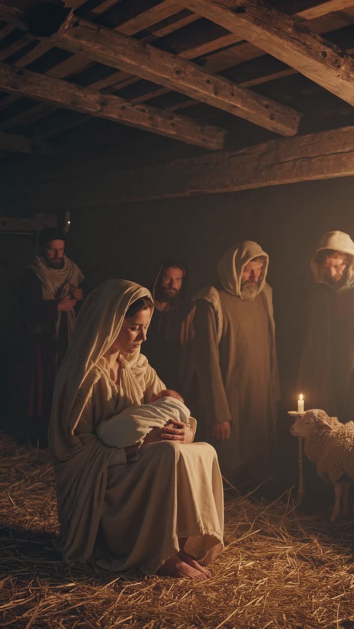 Una serena scena della natività con illuminazione calda, ripresa da un angolo basso