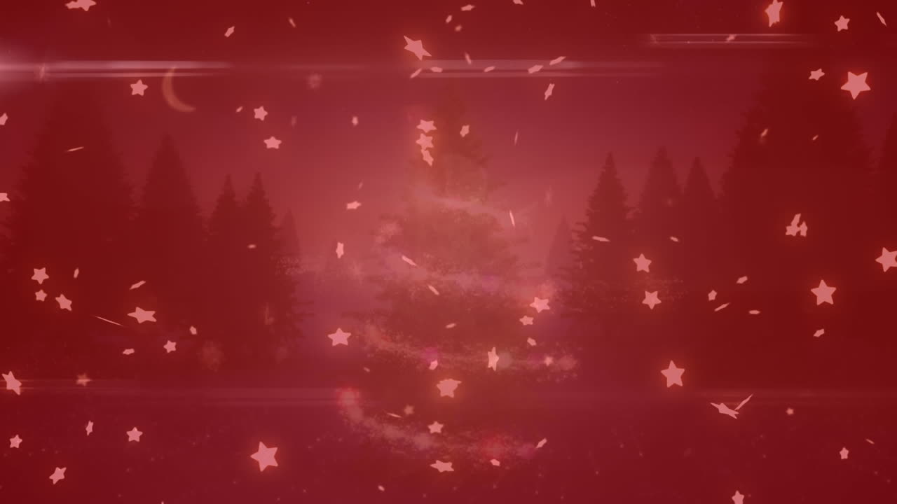 ⁇ 은 필터로 겨울 풍경 배경 위에 떨어지는 별과 크리스마스 트리의 애니메이션