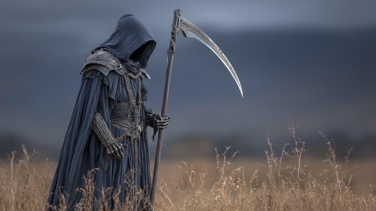 Mysterious Figure in a Dark Cloak Holding a Scythe Amidst a Grassy Field: An Atmospheric Exploration of Themes Like Mortality and Nature's Beauty
