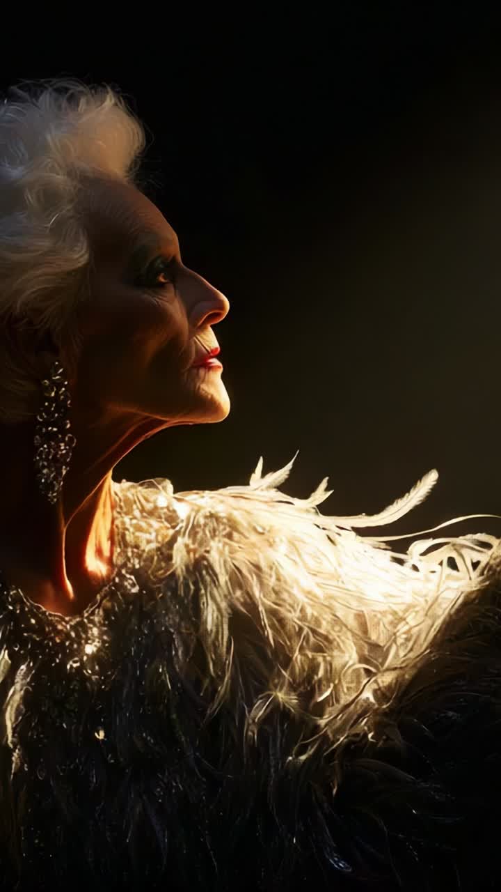 Elegant Mature Woman in Stunning Feathered Attire and Dramatic Lighting Captured in Artistic Profile View, Showcasing Grace and Timeless Beauty