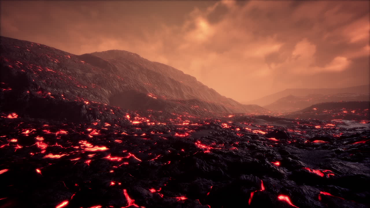 hermosa vista por la noche del volcán activo con lava roja