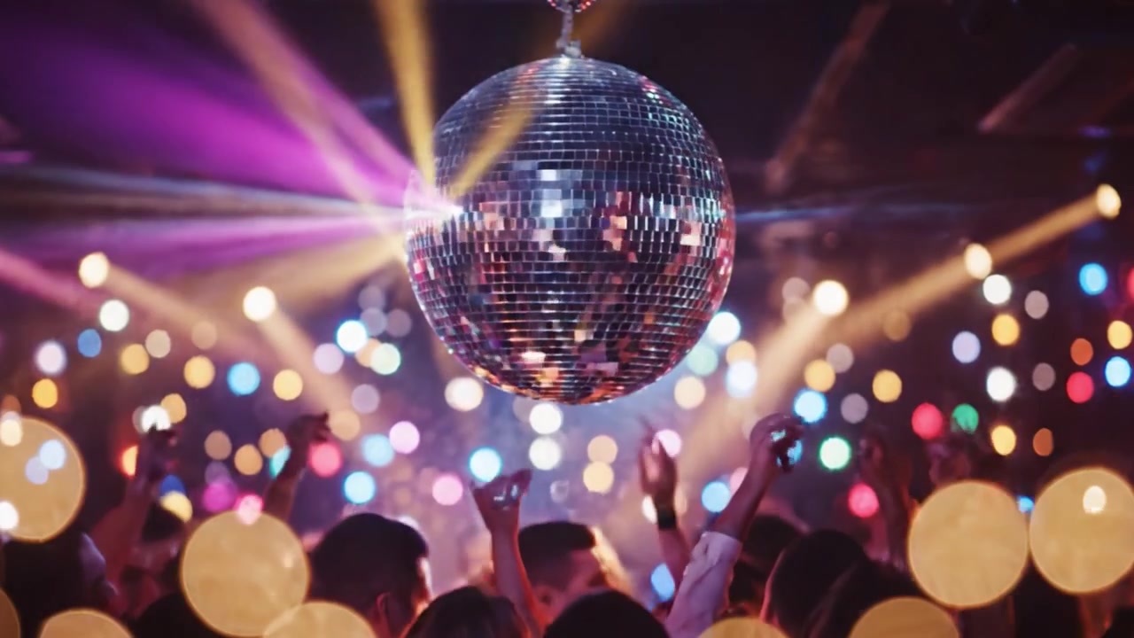 Una notte vibrante di balli e festeggiamenti sotto la palla da discoteca: una scena colorata piena di energia, luci e allegra baldoria in un'atmosfera di festa
