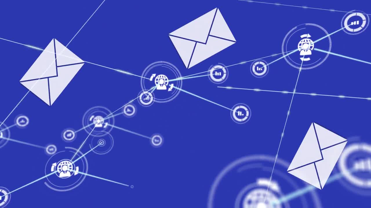 animación de las conexiones de red con el globo, los iconos de estadísticas y los iconos de mensajes de correo electrónico del sobre