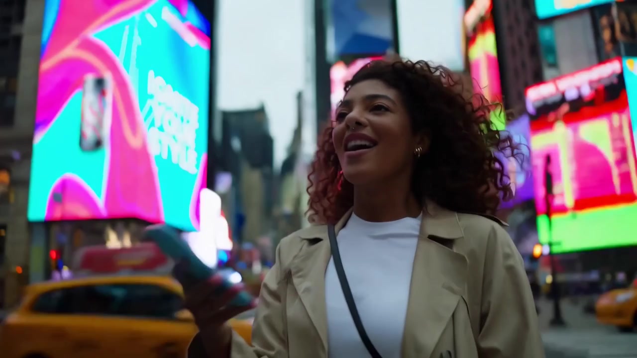 Glad ung kvinne går og bruker smarttelefon på Times Square