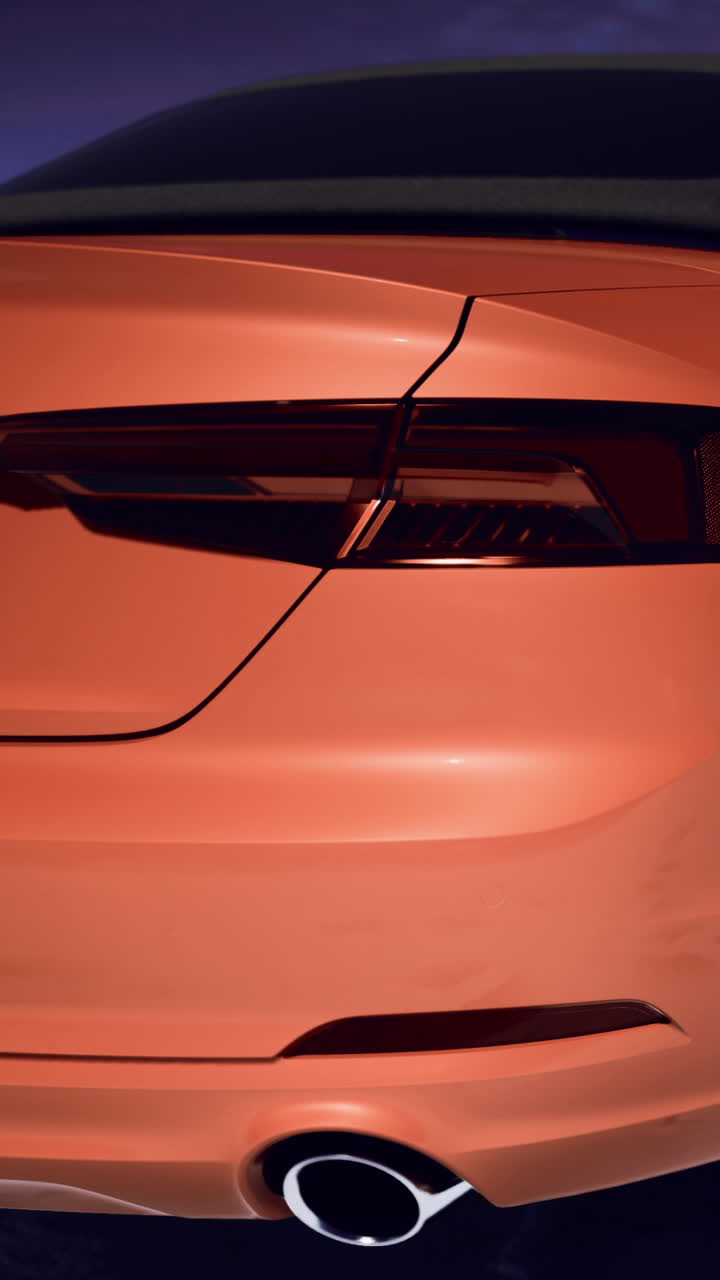 Vivace auto arancione catturata in un'illuminazione suggestiva all'ora del crepuscolo.