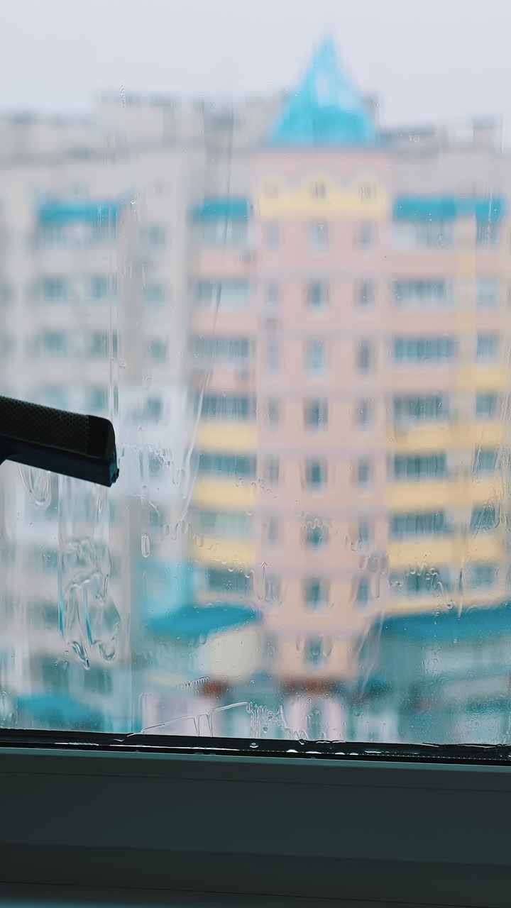 Man cleaning window with special equipment. Professional cleaning window indoor. Vertical video