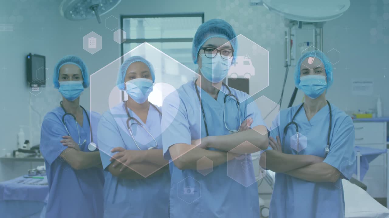 animación de compuestos químicos sobre cirujanos con máscaras faciales en el quirófano