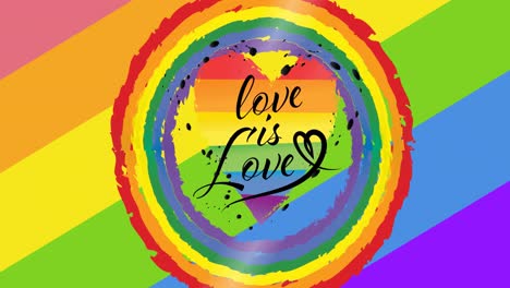 animation of love is love text with heart over rainbow stripes