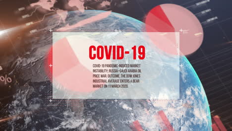 banner de texto covid-19 y procesamiento de datos estadísticos contra el globo sobre fondo azul