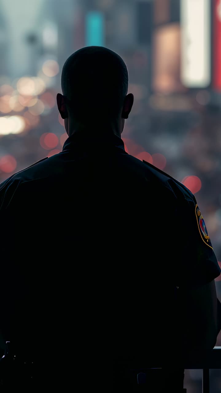 Vertical video: Standing patched officer facing city at rail as camera framing, monitoring security