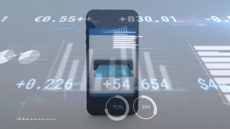 animation of financial data processing over credit card insert into smartphone