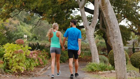 rear view of couple holding hands while walking