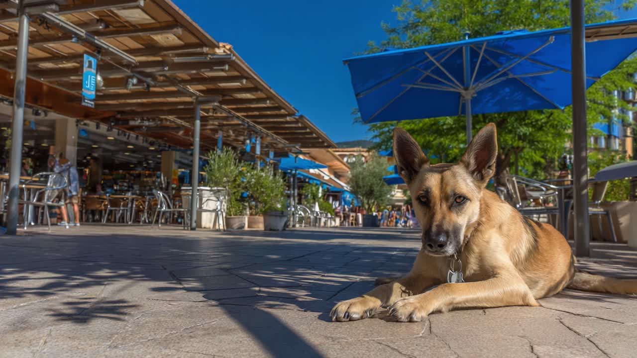 Un momento di relax: un cane fedele sdraiato pacificamente sotto ombrelli blu brillante in un vivace caffè all'aperto in una giornata di sole