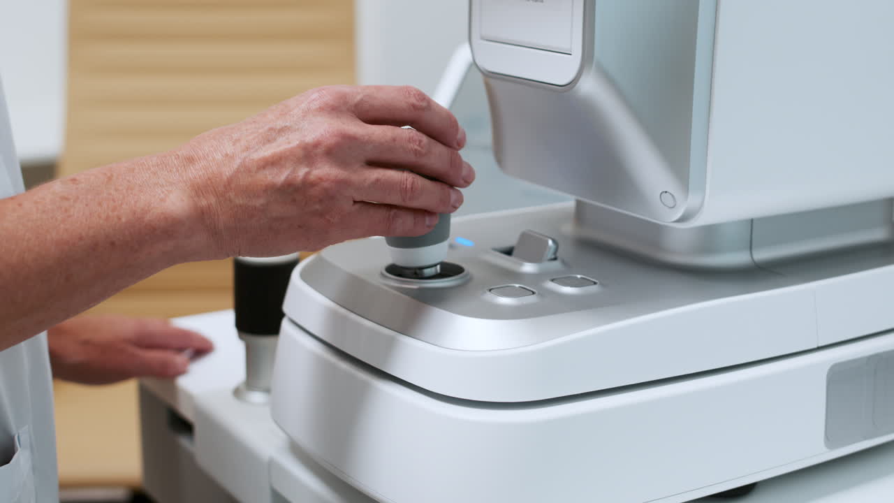 안경 조절 장비를 조정하는 의사