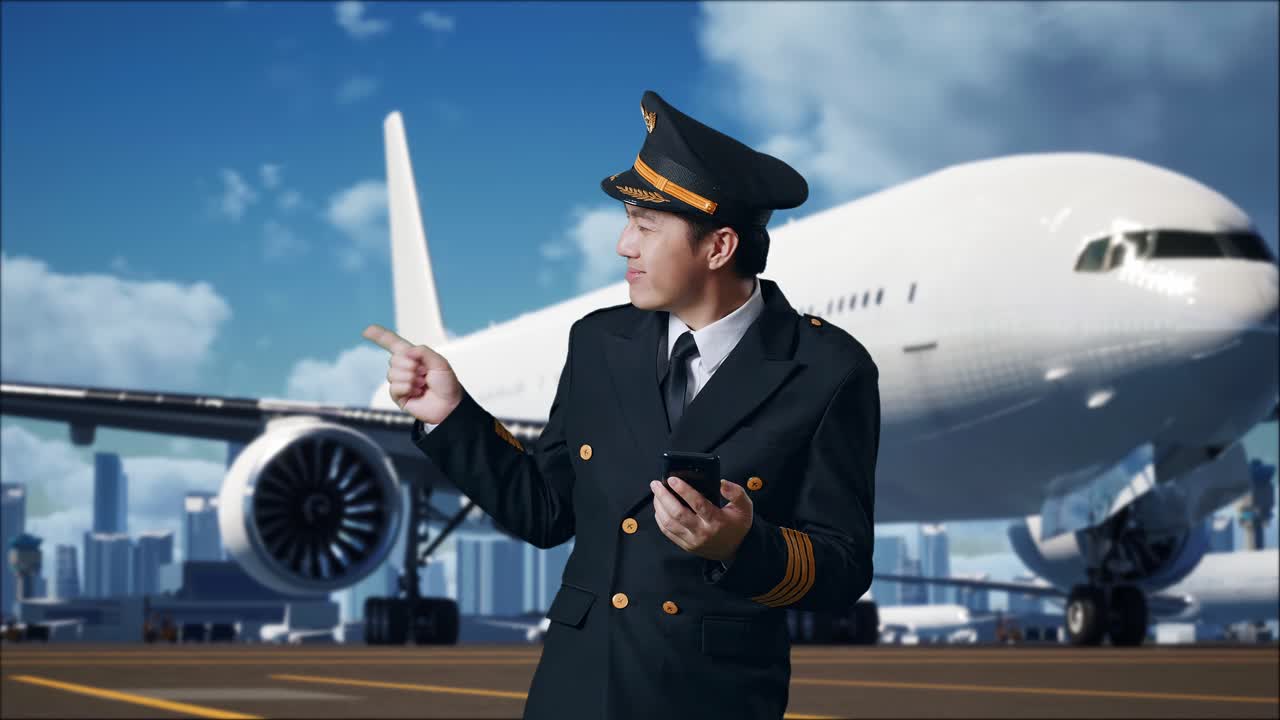 공항에서 스마트폰을 사용하는 조종사