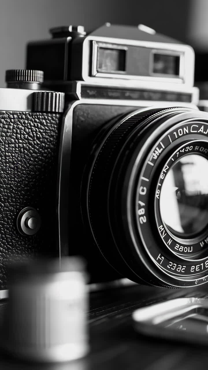 Primo piano di una fotocamera analogica vintage in bianco e nero
